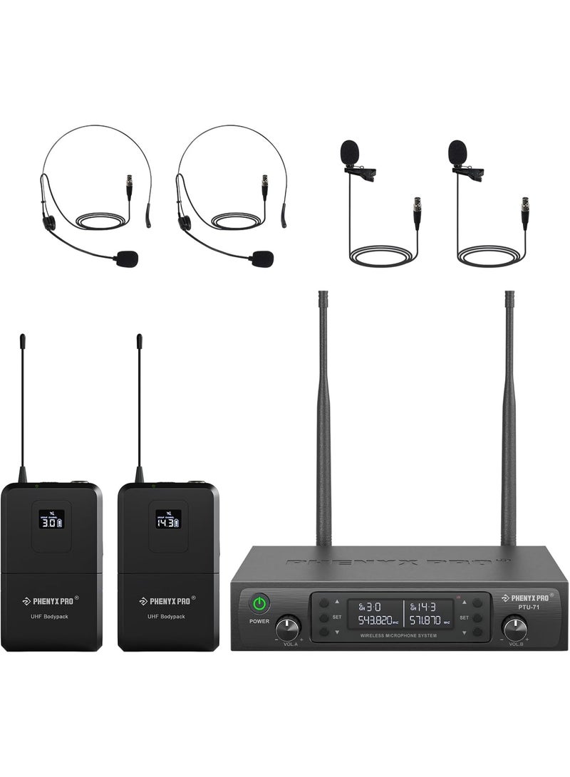 Phenyx Pro Dual UHF Wireless Microphone System with Auto Scan, 2 Bodypacks, Headset and Lapel Microphones, 2x100 Frequencies, Cordless Microphones for Singing, Speaking, Karaoke, Church, DJ (PTU-71-2B) - Image 1